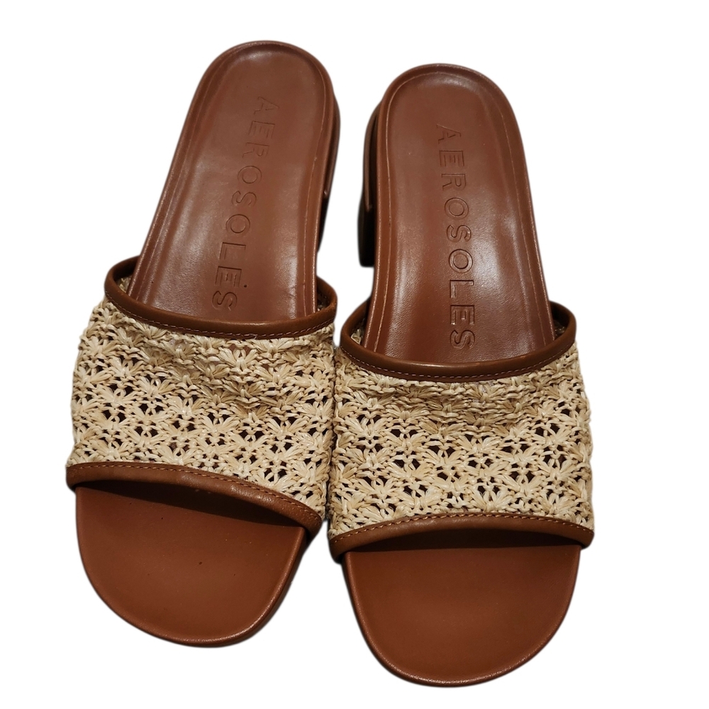 AEROSOLES Women's Brown and Cream Woven Clark Sandals - 9 Heel Clog Style